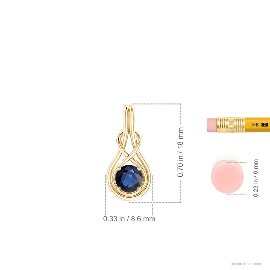 5mm AA Round Sapphire Solitaire Infinity Knot Pendant in Yellow Gold ruler