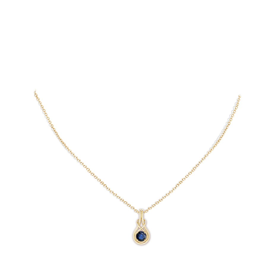 5mm AA Round Sapphire Solitaire Infinity Knot Pendant in Yellow Gold pen