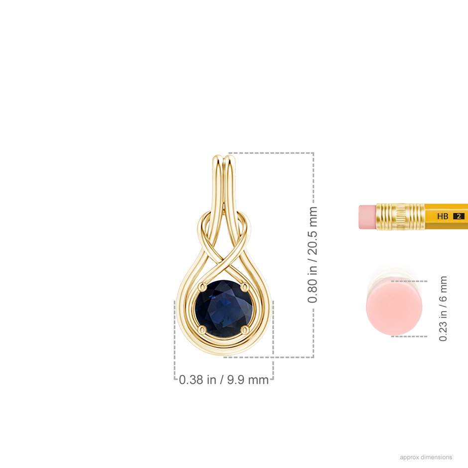 6mm A Round Sapphire Solitaire Infinity Knot Pendant in Yellow Gold ruler
