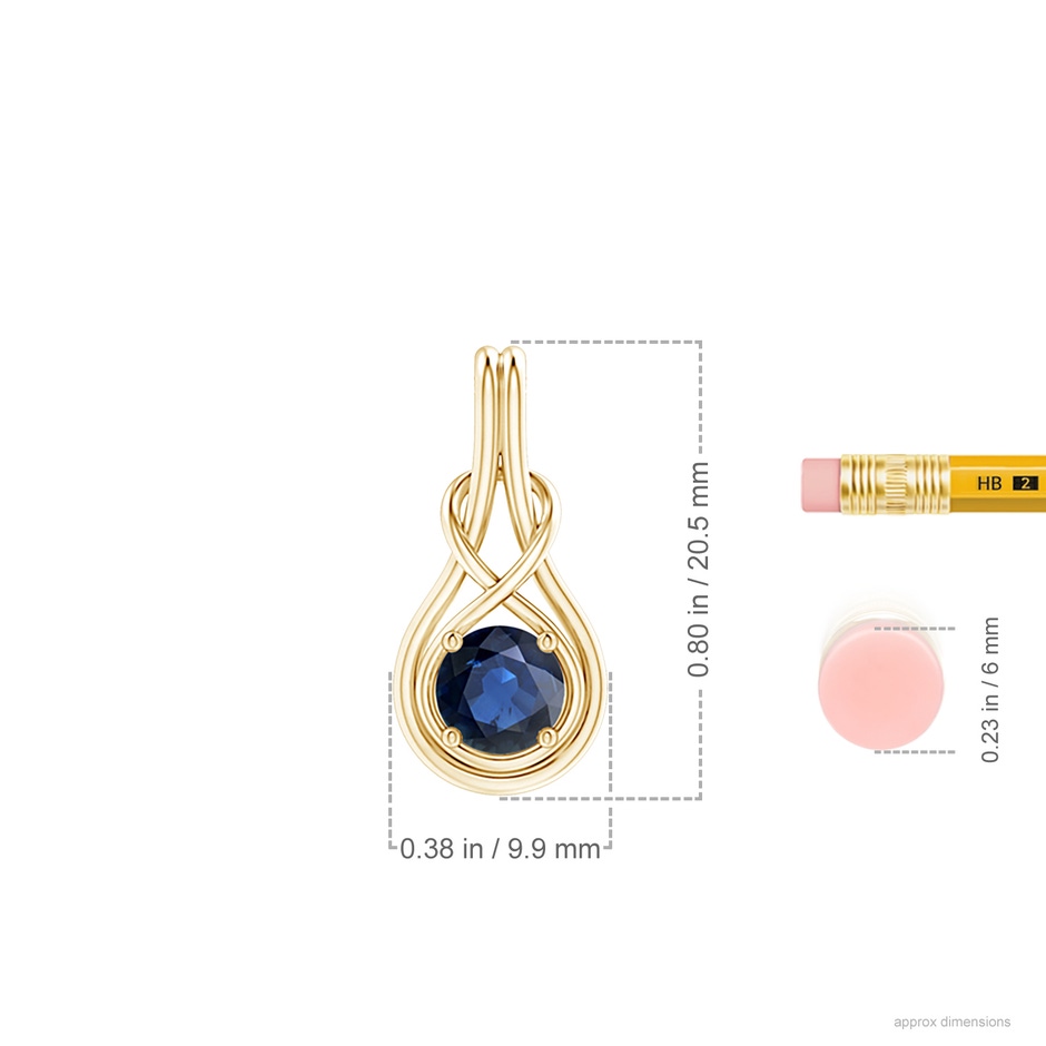 6mm AA Round Sapphire Solitaire Infinity Knot Pendant in Yellow Gold ruler