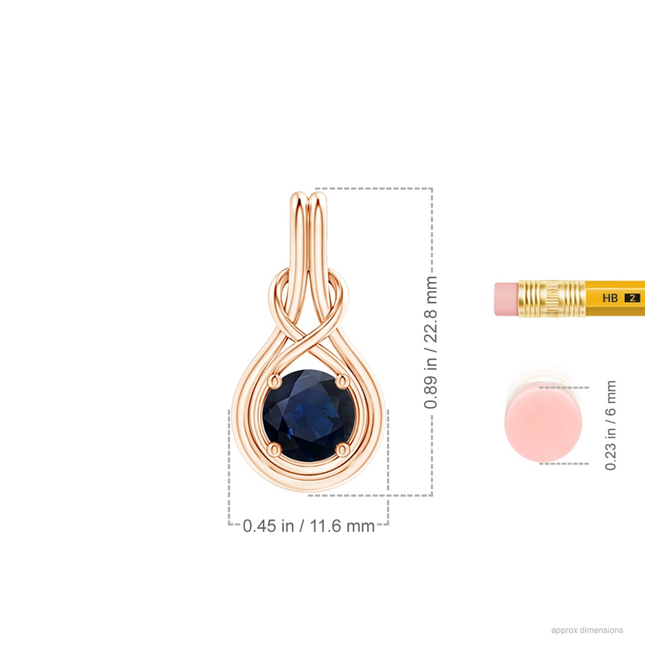 7mm A Round Sapphire Solitaire Infinity Knot Pendant in Rose Gold ruler