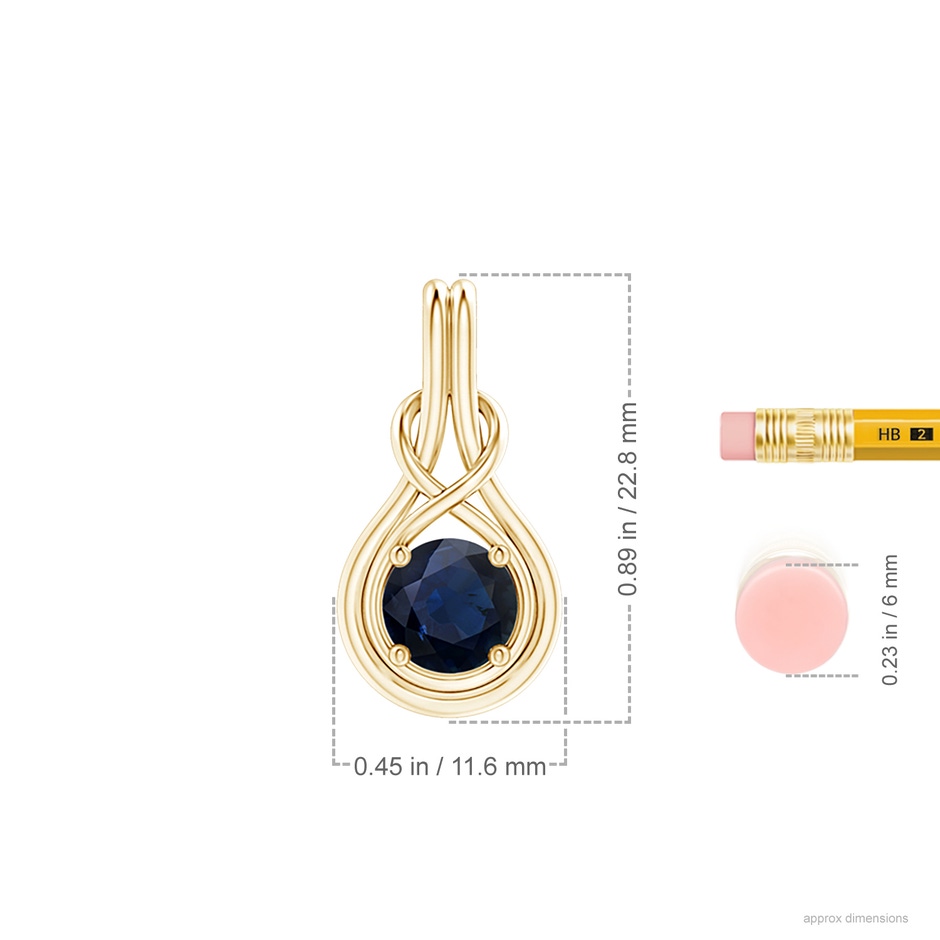 7mm A Round Sapphire Solitaire Infinity Knot Pendant in Yellow Gold ruler