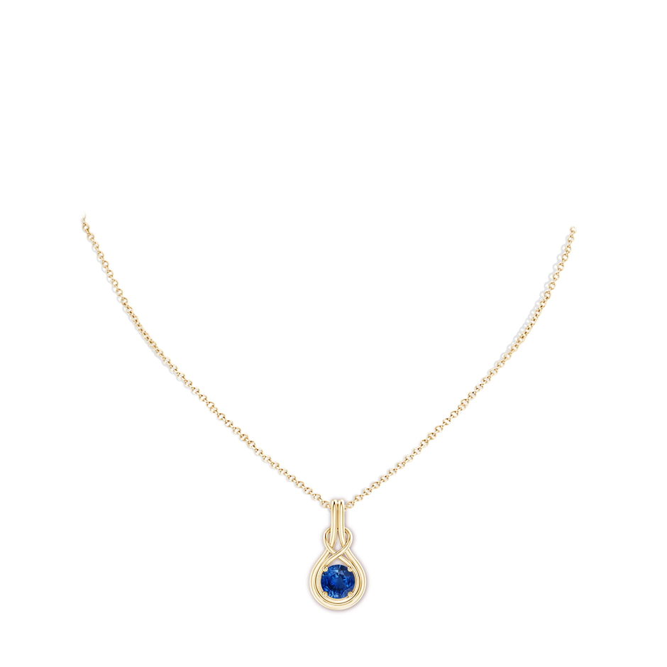 7mm AAA Round Sapphire Solitaire Infinity Knot Pendant in Yellow Gold pen