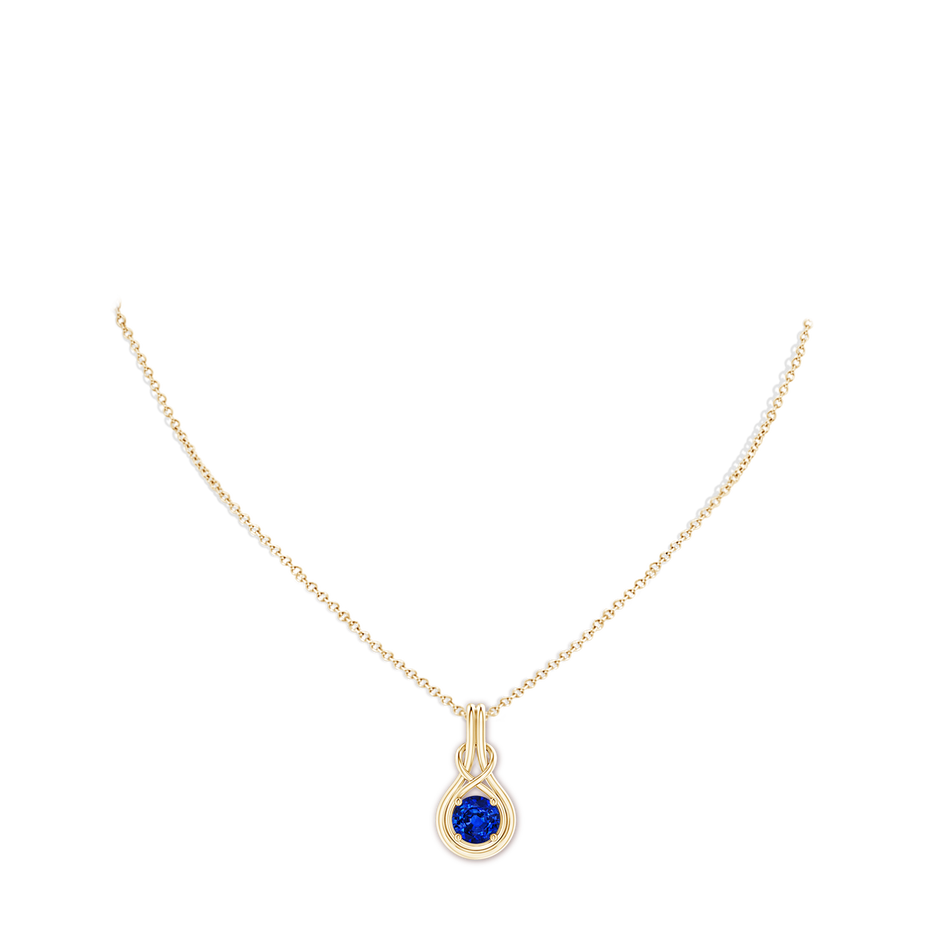 7mm AAAA Round Sapphire Solitaire Infinity Knot Pendant in Yellow Gold pen