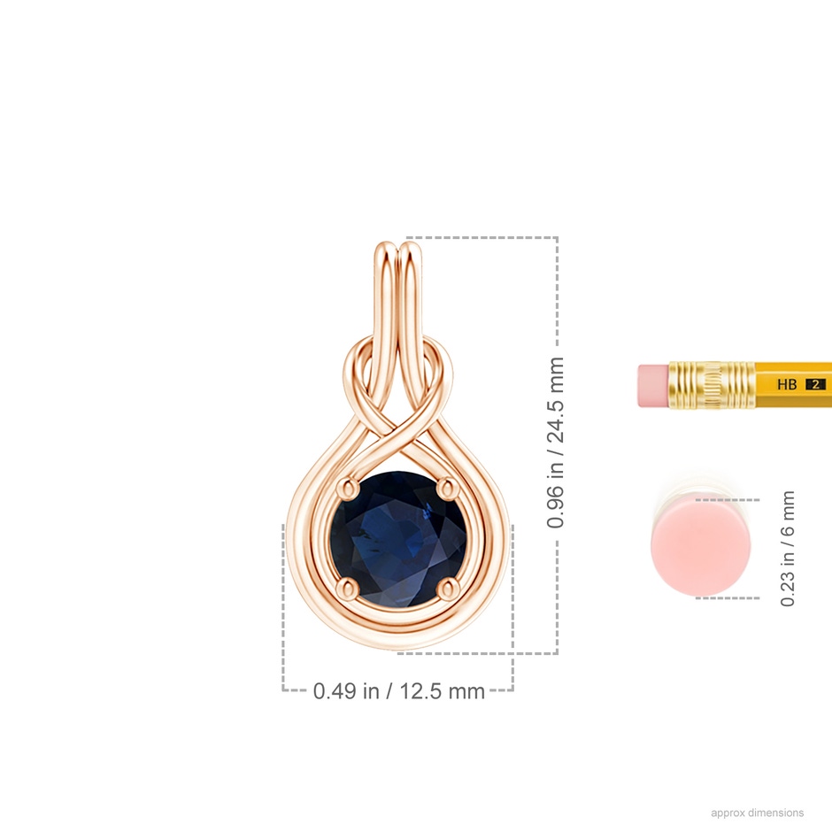 8mm A Round Sapphire Solitaire Infinity Knot Pendant in Rose Gold ruler