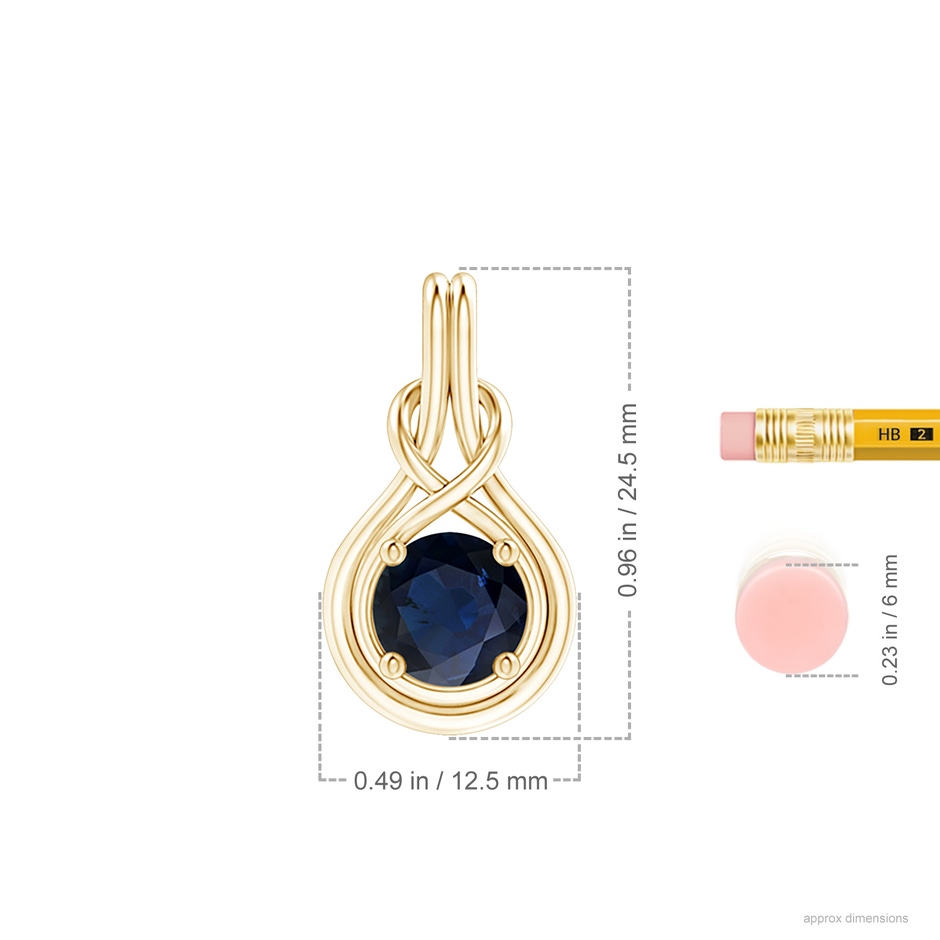 8mm A Round Sapphire Solitaire Infinity Knot Pendant in Yellow Gold ruler