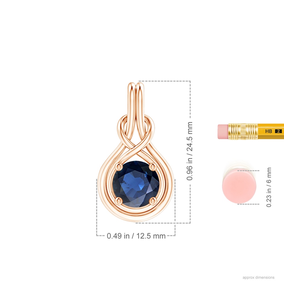 8mm AA Round Sapphire Solitaire Infinity Knot Pendant in 18K Rose Gold ruler