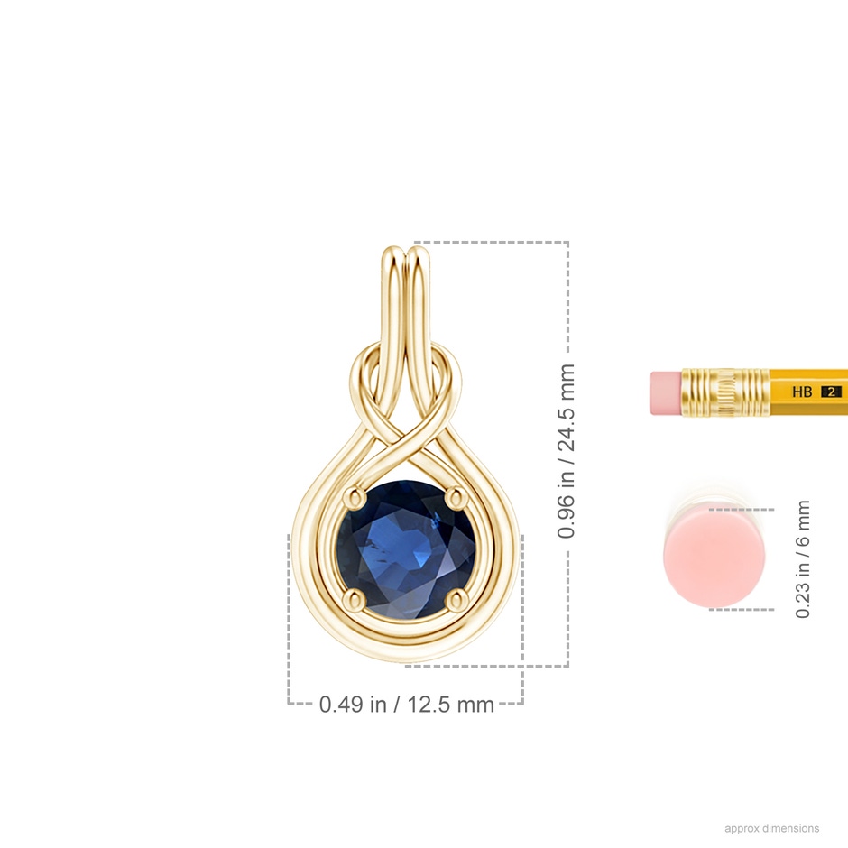 8mm AA Round Sapphire Solitaire Infinity Knot Pendant in Yellow Gold ruler