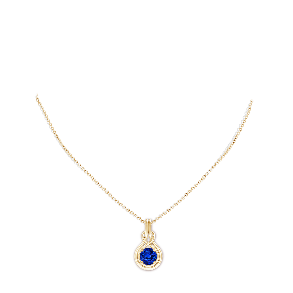 8mm AAAA Round Sapphire Solitaire Infinity Knot Pendant in Yellow Gold pen