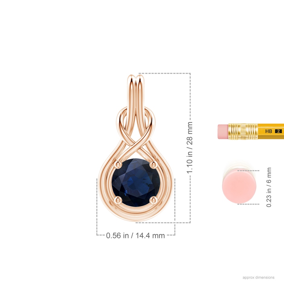 9mm A Round Sapphire Solitaire Infinity Knot Pendant in Rose Gold ruler