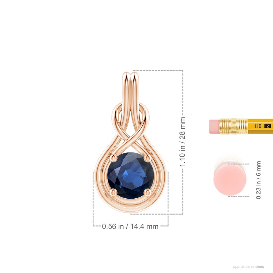9mm AA Round Sapphire Solitaire Infinity Knot Pendant in 18K Rose Gold ruler