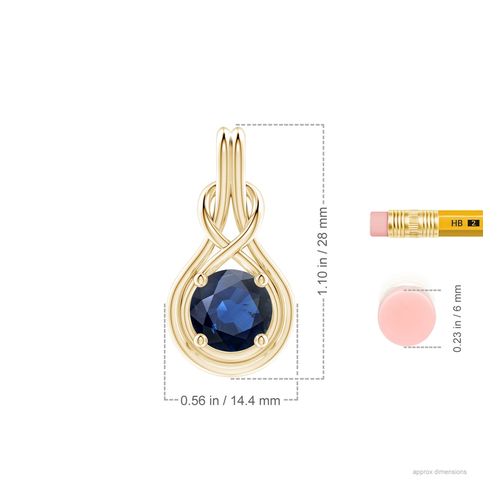 9mm AA Round Sapphire Solitaire Infinity Knot Pendant in Yellow Gold ruler