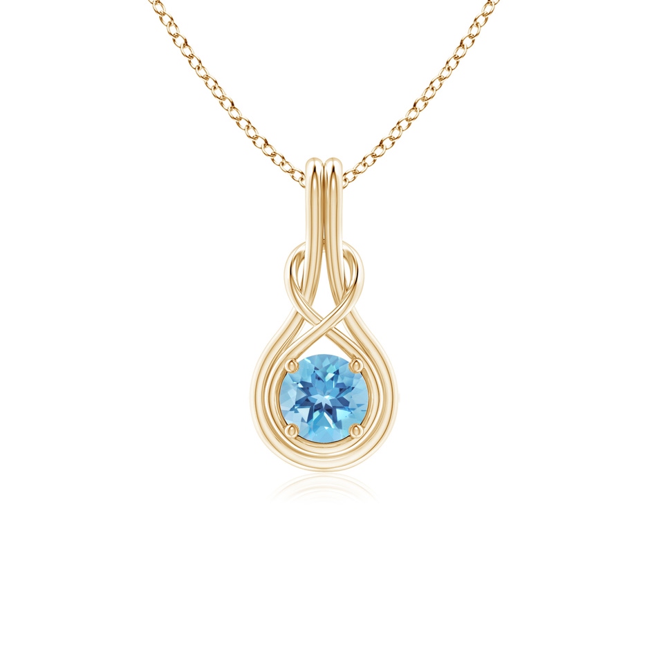 5mm A Round Swiss Blue Topaz Solitaire Infinity Knot Pendant in Yellow Gold 