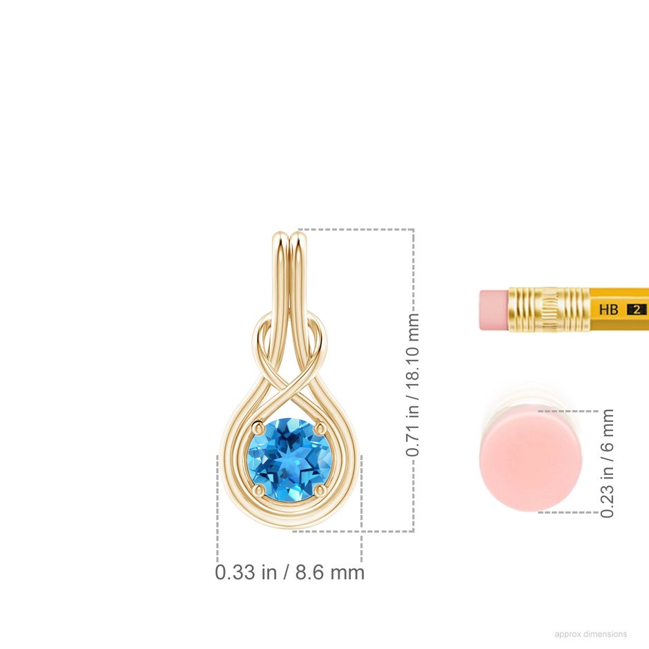 5mm AAA Round Swiss Blue Topaz Solitaire Infinity Knot Pendant in Yellow Gold ruler