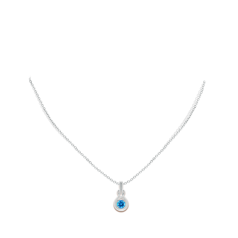 5mm AAAA Round Swiss Blue Topaz Solitaire Infinity Knot Pendant in White Gold pen