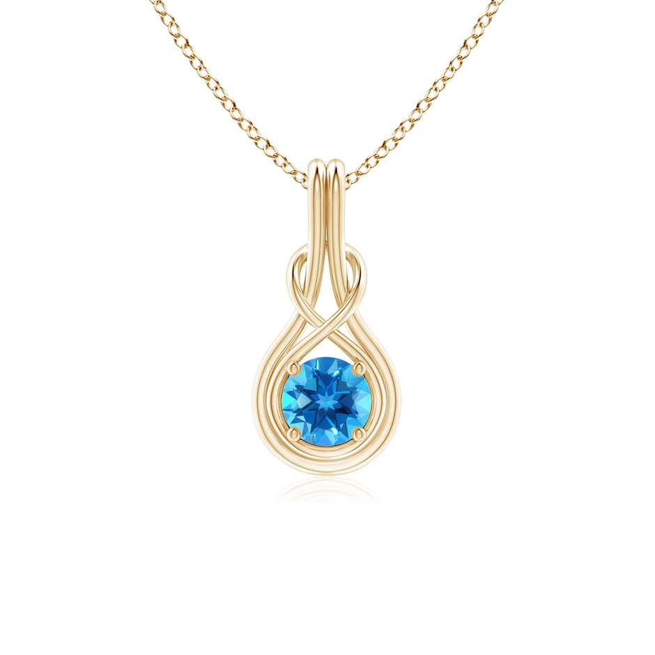 5mm AAAA Round Swiss Blue Topaz Solitaire Infinity Knot Pendant in Yellow Gold 