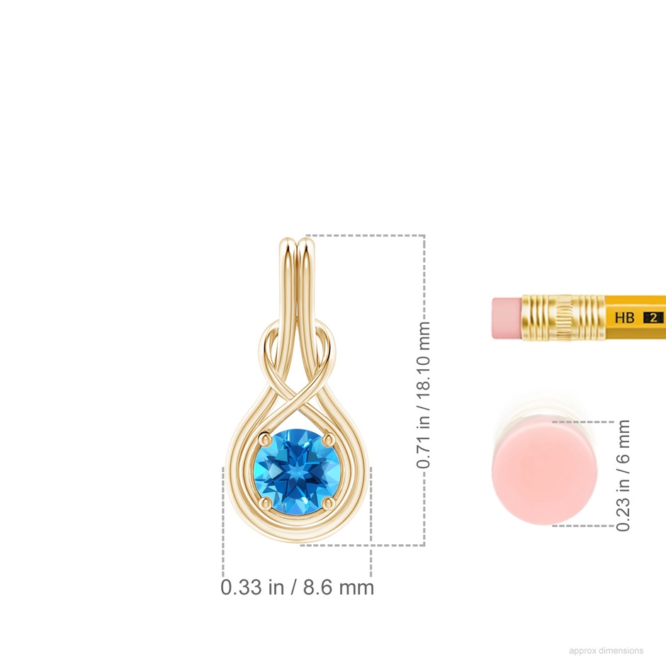 5mm AAAA Round Swiss Blue Topaz Solitaire Infinity Knot Pendant in Yellow Gold ruler