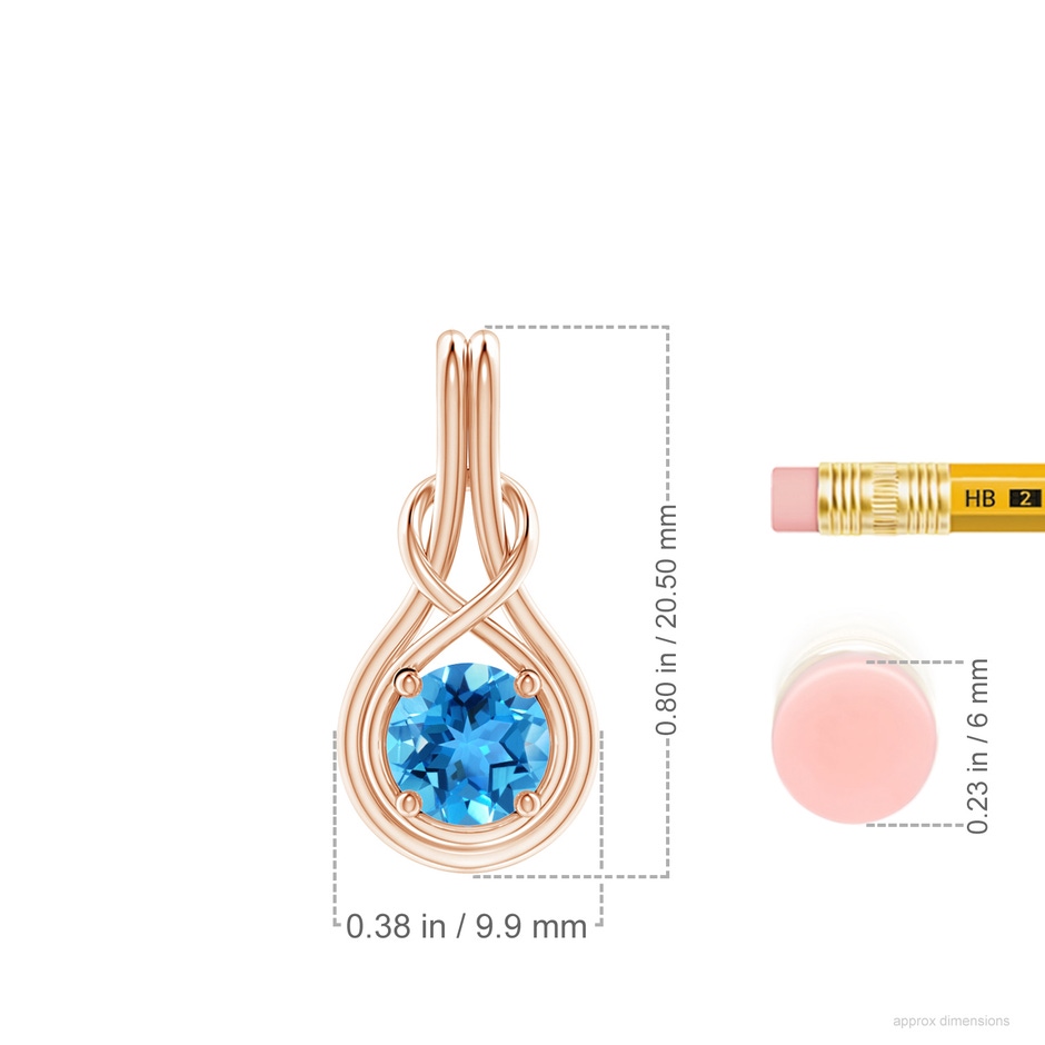 6mm AAA Round Swiss Blue Topaz Solitaire Infinity Knot Pendant in Rose Gold ruler