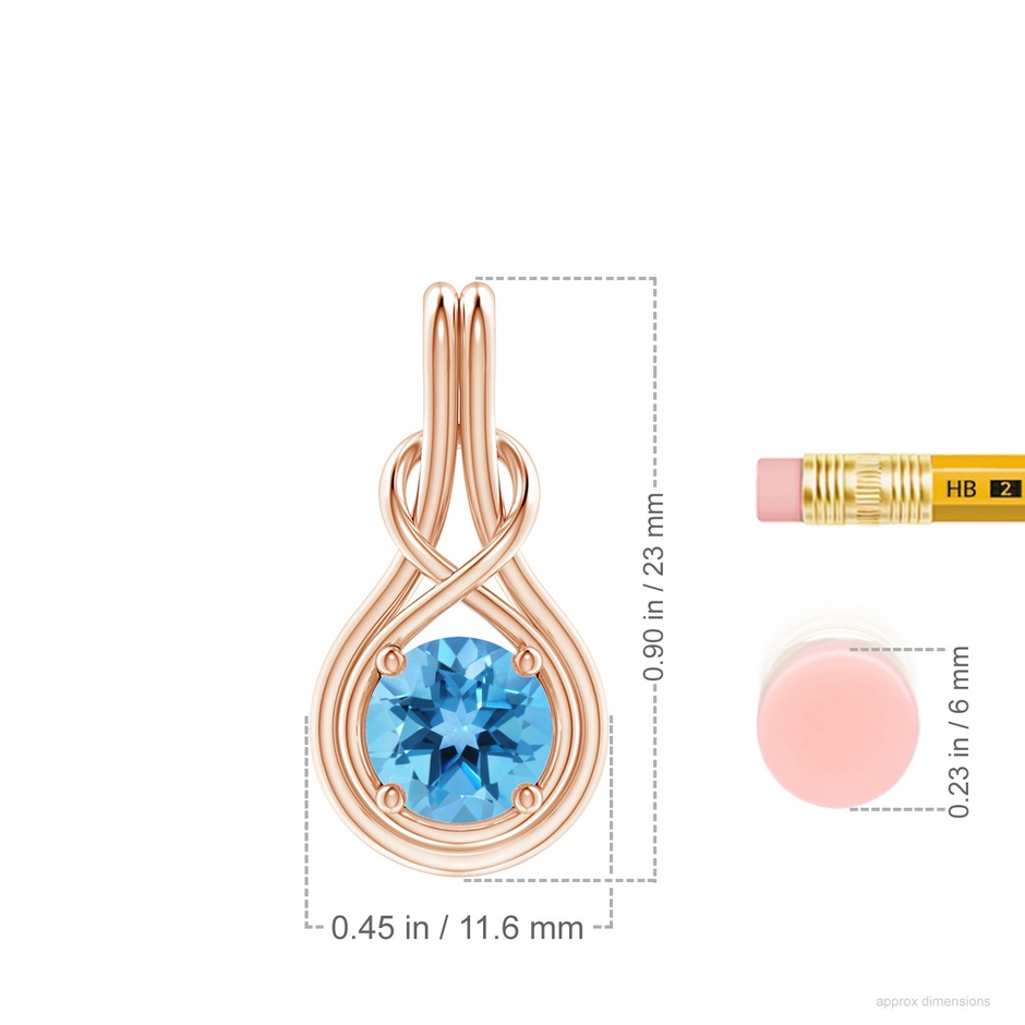 7mm AA Round Swiss Blue Topaz Solitaire Infinity Knot Pendant in 18K Rose Gold ruler