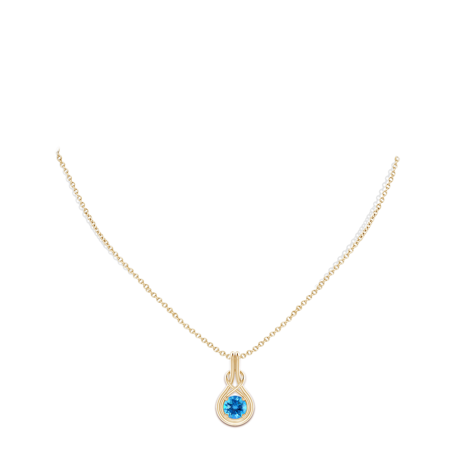7mm AAAA Round Swiss Blue Topaz Solitaire Infinity Knot Pendant in 18K Yellow Gold pen