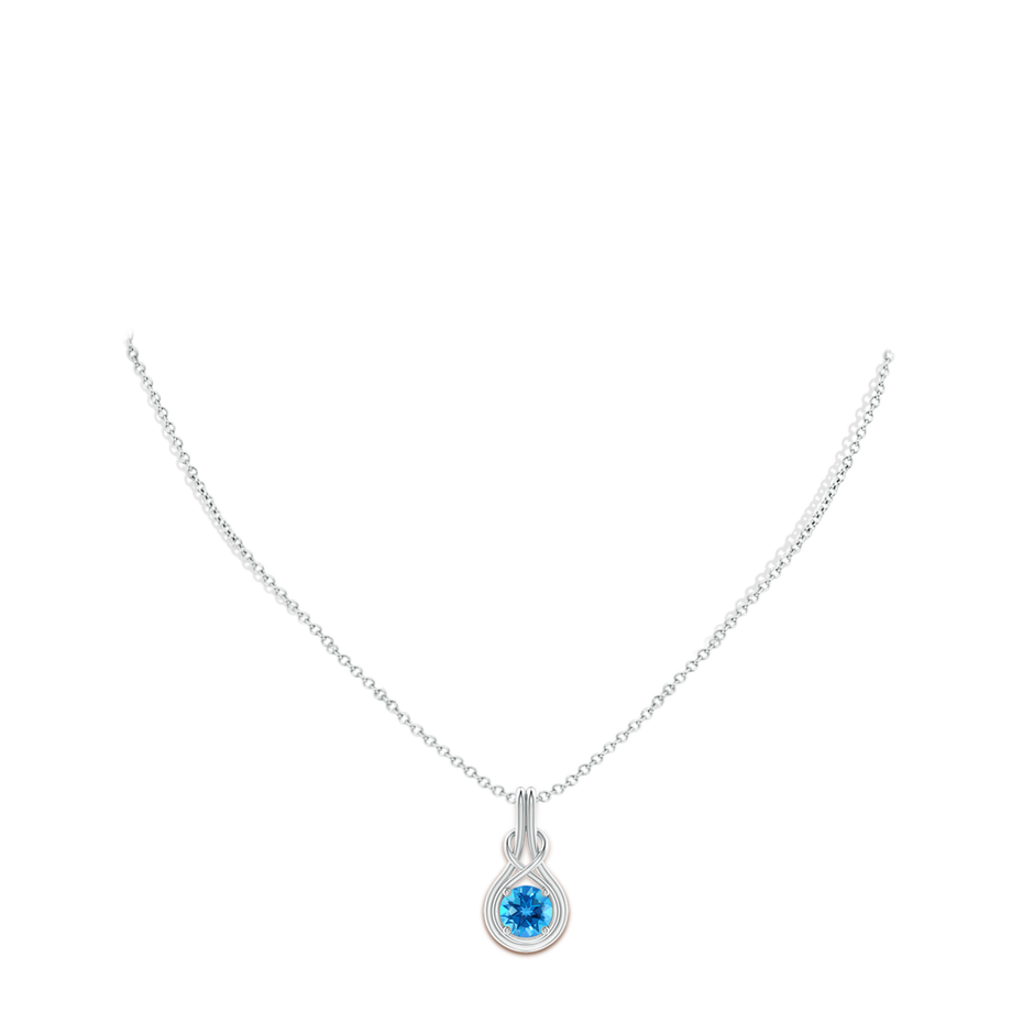 7mm AAAA Round Swiss Blue Topaz Solitaire Infinity Knot Pendant in White Gold pen