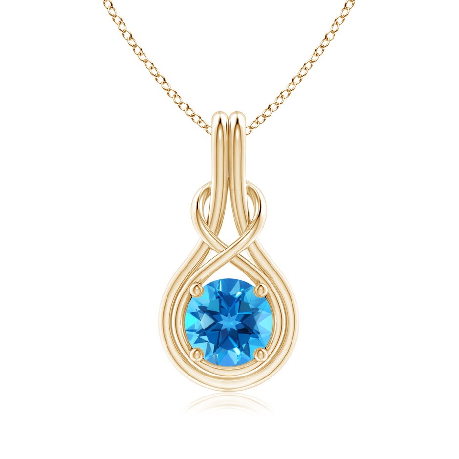 7mm AAAA Round Swiss Blue Topaz Solitaire Infinity Knot Pendant in Yellow Gold 