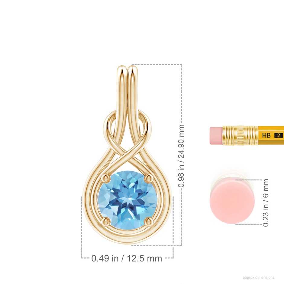 8mm A Round Swiss Blue Topaz Solitaire Infinity Knot Pendant in Yellow Gold ruler