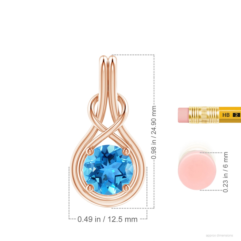 8mm AAA Round Swiss Blue Topaz Solitaire Infinity Knot Pendant in Rose Gold ruler
