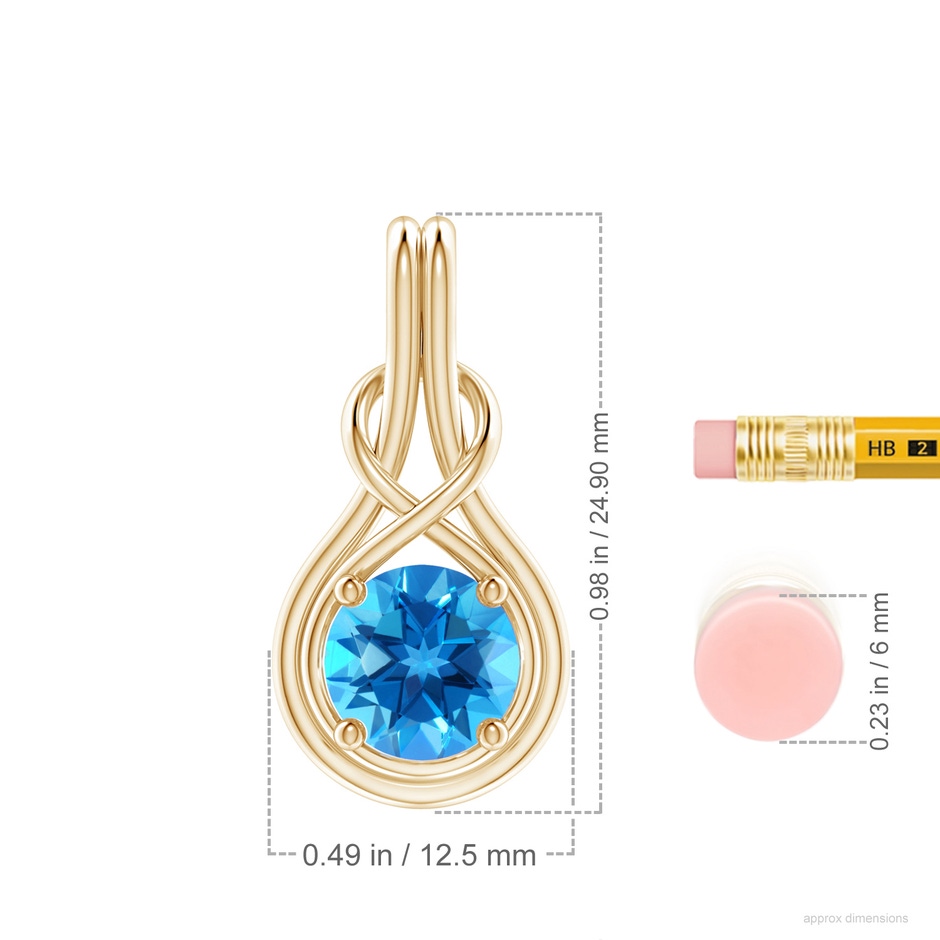 8mm AAAA Round Swiss Blue Topaz Solitaire Infinity Knot Pendant in 18K Yellow Gold ruler