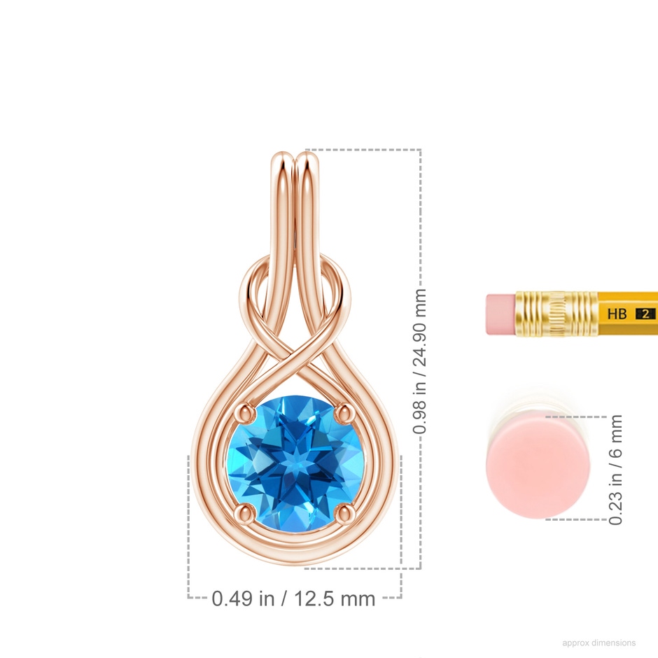 8mm AAAA Round Swiss Blue Topaz Solitaire Infinity Knot Pendant in Rose Gold ruler