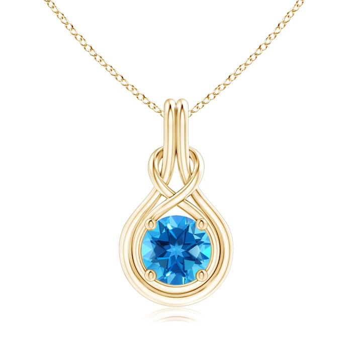 8mm AAAA Round Swiss Blue Topaz Solitaire Infinity Knot Pendant in Yellow Gold 