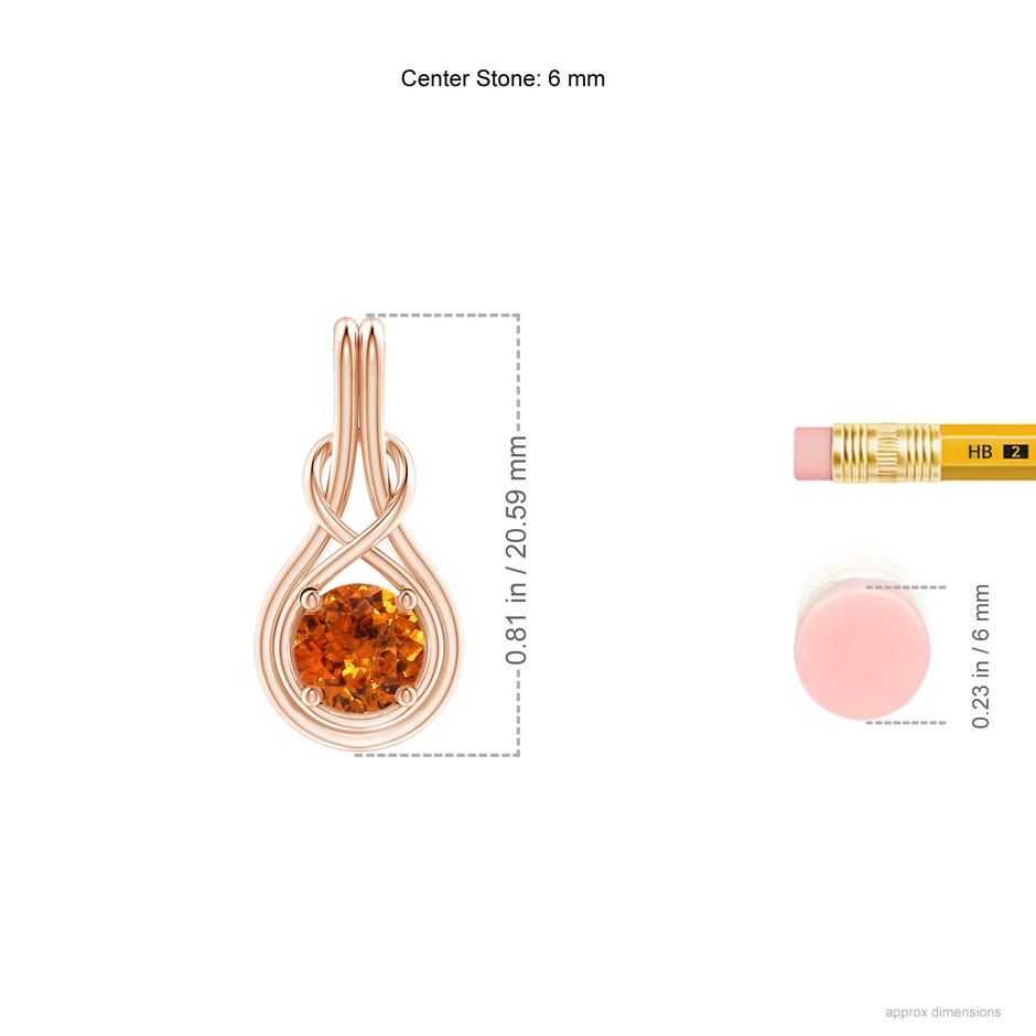 6mm AAA Round Spessartite Solitaire Infinity Knot Pendant in Rose Gold ruler