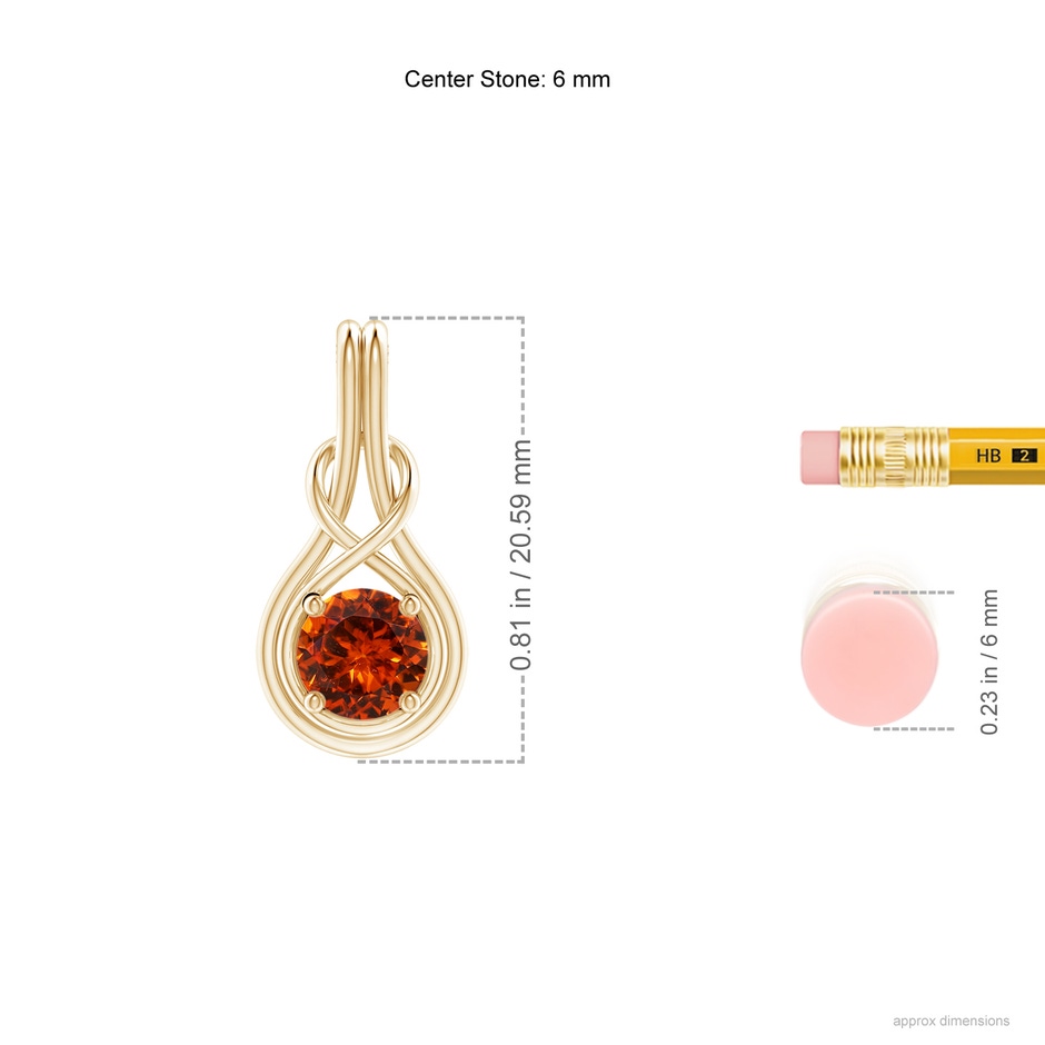 6mm AAAA Round Spessartite Solitaire Infinity Knot Pendant in Yellow Gold ruler