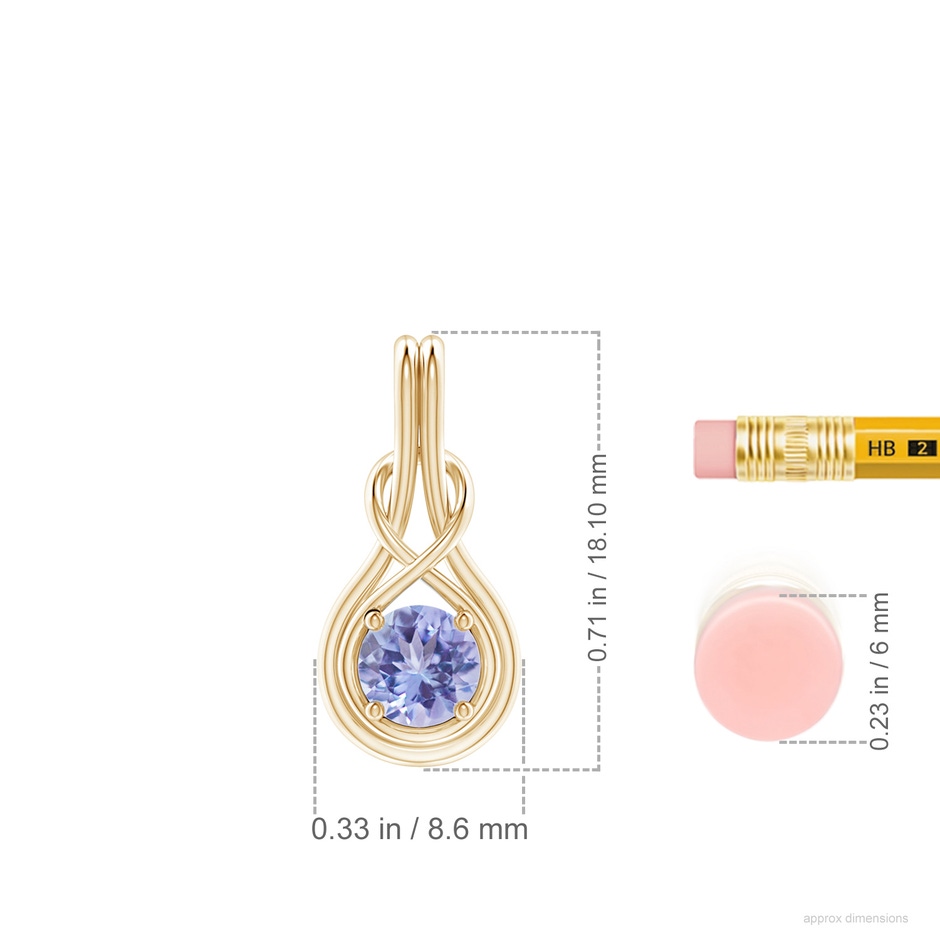 5mm A Round Tanzanite Solitaire Infinity Knot Pendant in Yellow Gold ruler