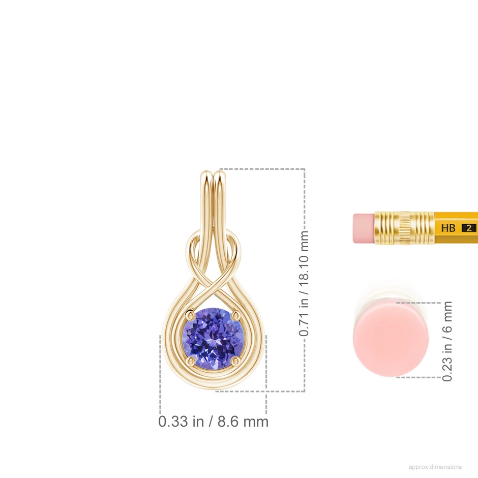 5mm AA Round Tanzanite Solitaire Infinity Knot Pendant in Yellow Gold ruler