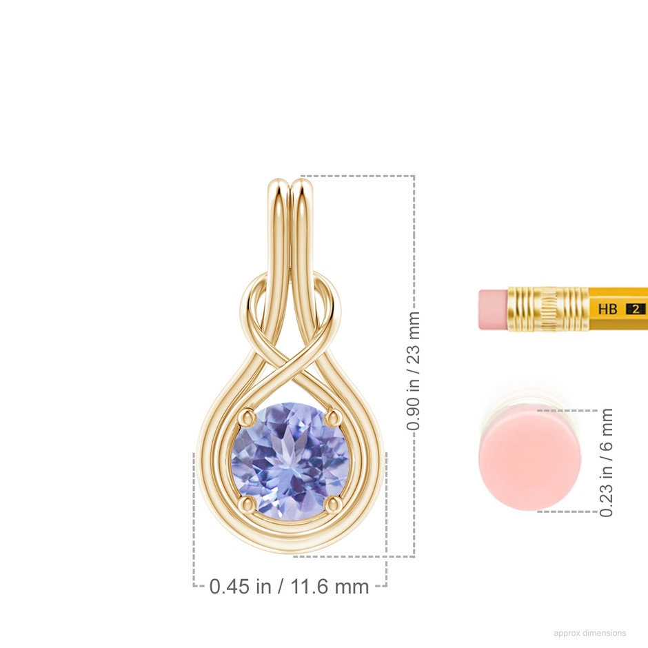 7mm A Round Tanzanite Solitaire Infinity Knot Pendant in Yellow Gold ruler
