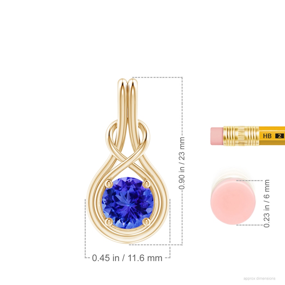 7mm AAA Round Tanzanite Solitaire Infinity Knot Pendant in Yellow Gold ruler