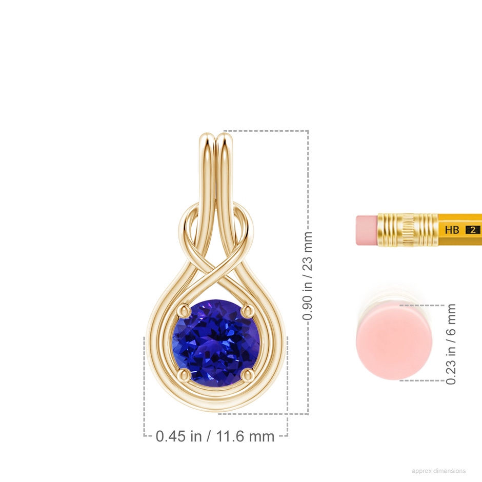 7mm AAAA Round Tanzanite Solitaire Infinity Knot Pendant in Yellow Gold ruler