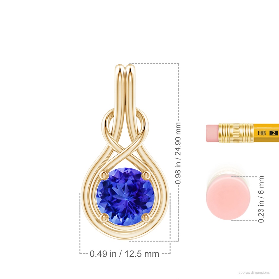 8mm AAA Round Tanzanite Solitaire Infinity Knot Pendant in Yellow Gold ruler
