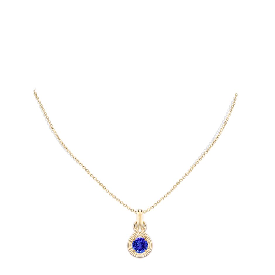 8mm AAA Round Tanzanite Solitaire Infinity Knot Pendant in Yellow Gold pen