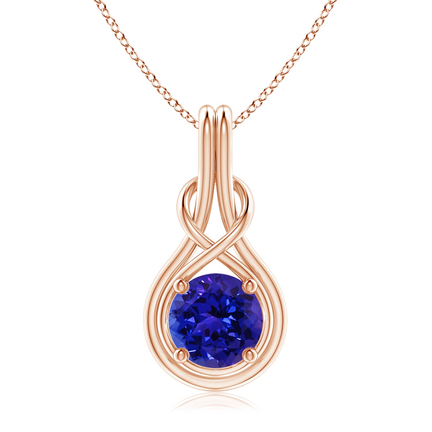 8mm AAAA Round Tanzanite Solitaire Infinity Knot Pendant in 18K Rose Gold