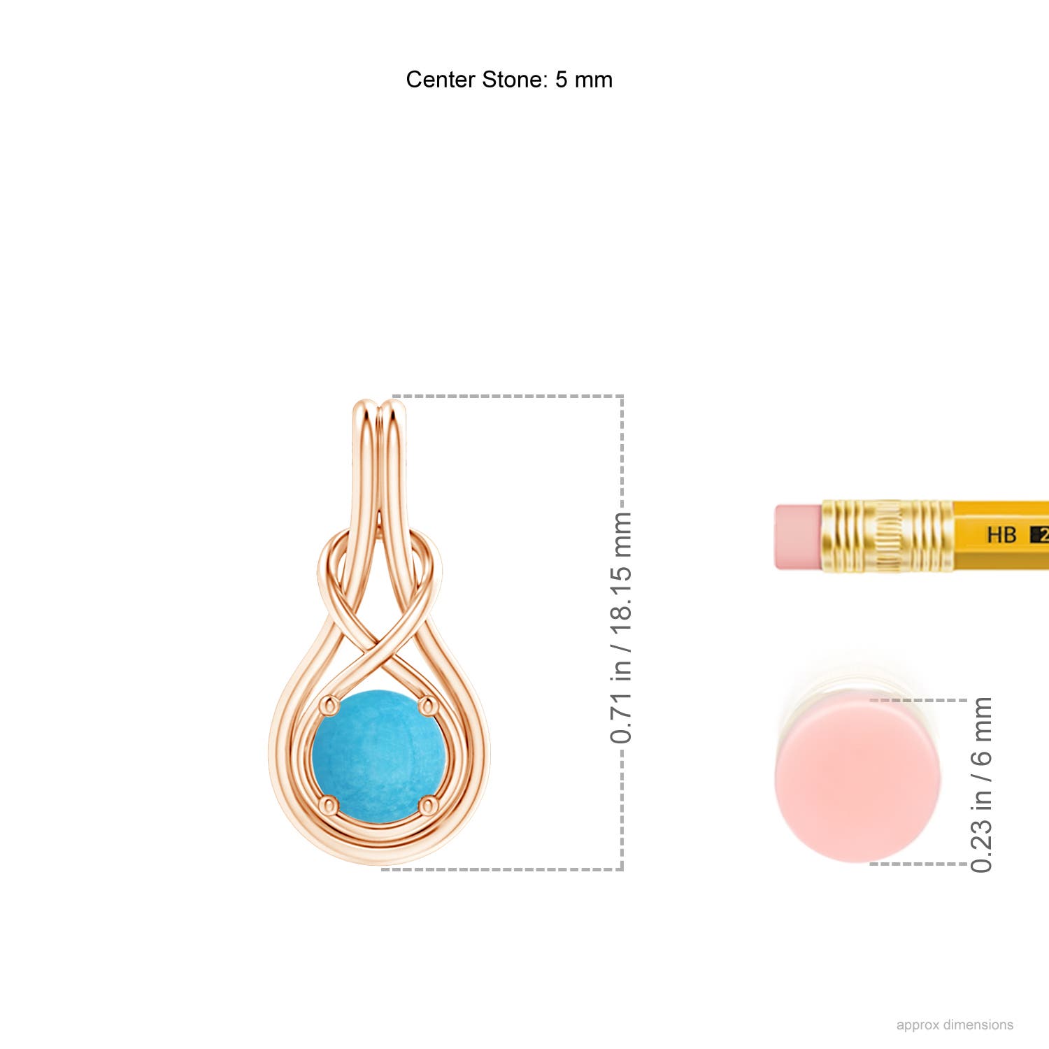 5mm A Round Turquoise Solitaire Infinity Knot Pendant in Rose Gold - ruler