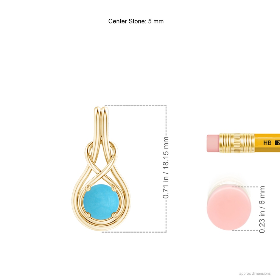 5mm AA Round Turquoise Solitaire Infinity Knot Pendant in Yellow Gold ruler