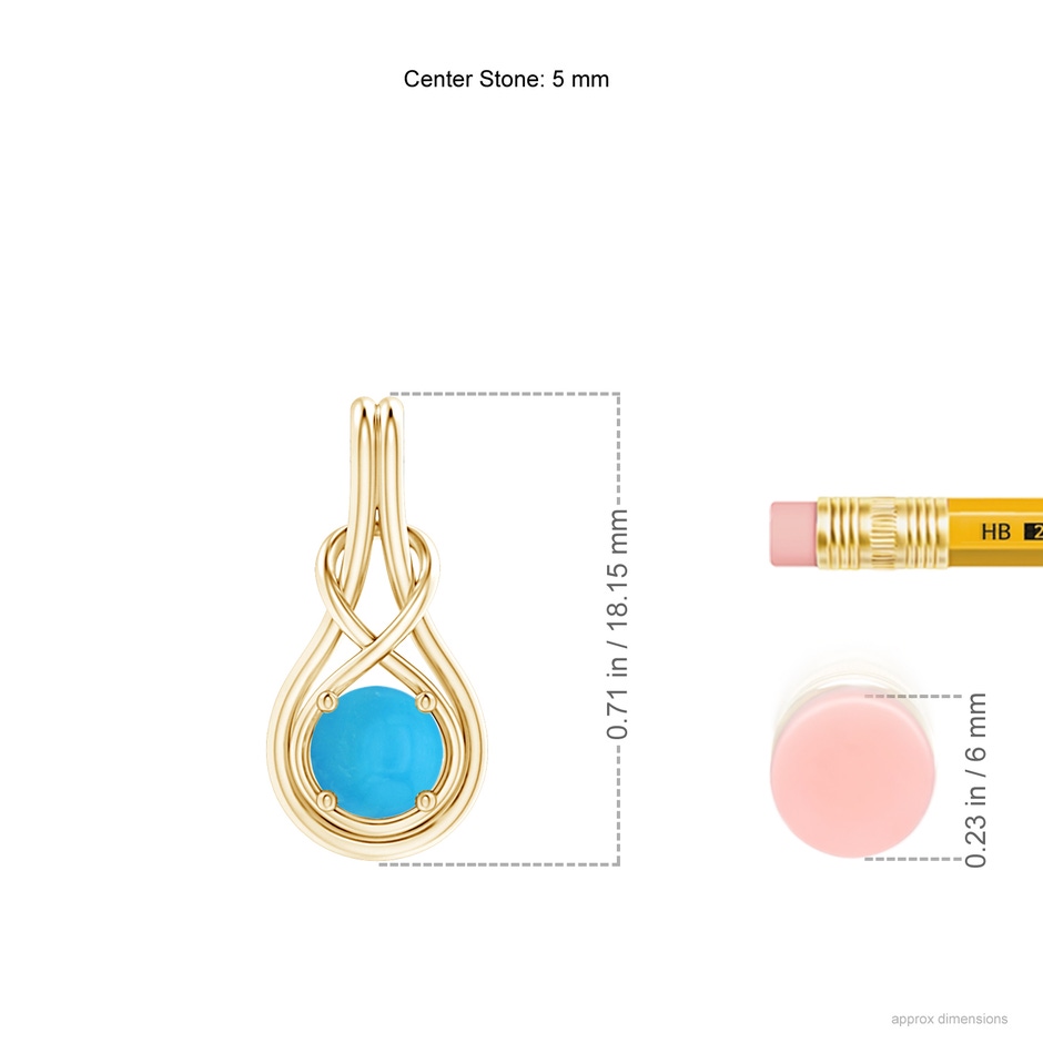 5mm AAAA Round Turquoise Solitaire Infinity Knot Pendant in Yellow Gold ruler