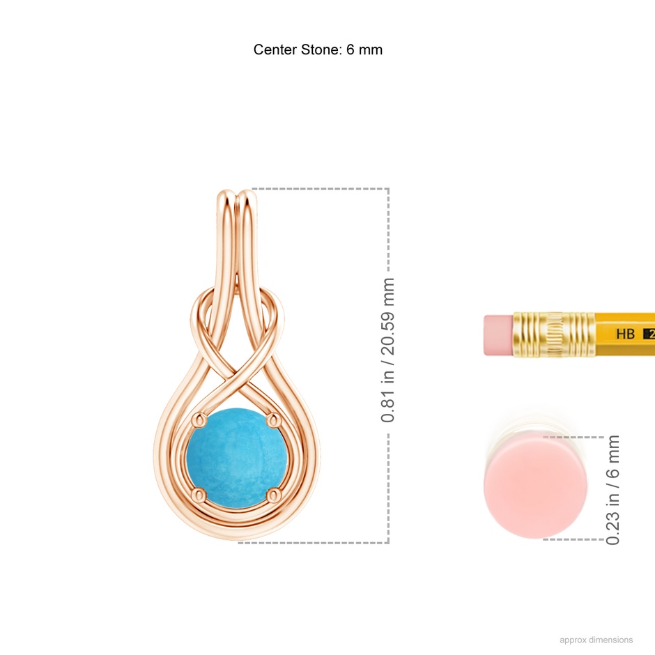 6mm A Round Turquoise Solitaire Infinity Knot Pendant in Rose Gold ruler