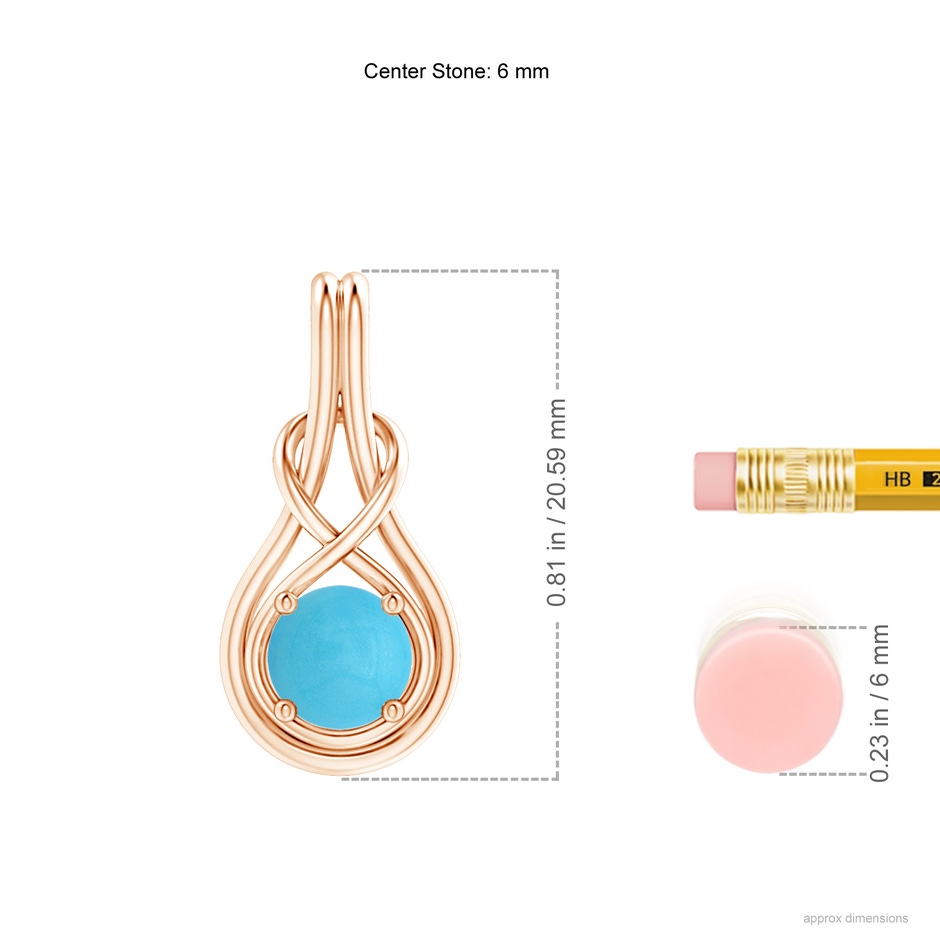 6mm AA Round Turquoise Solitaire Infinity Knot Pendant in Rose Gold ruler