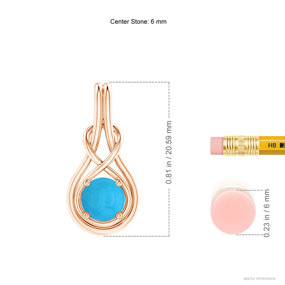 6mm AAAA Round Turquoise Solitaire Infinity Knot Pendant in Rose Gold ruler