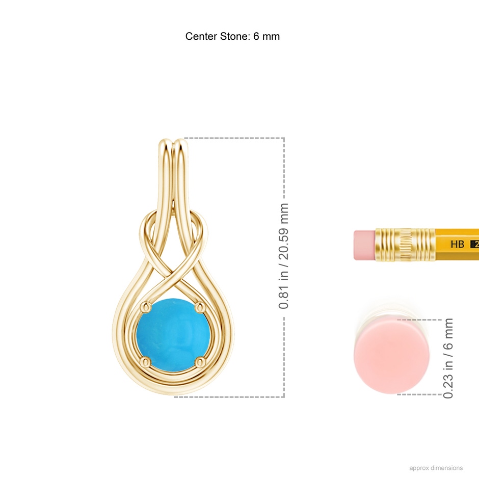 6mm AAAA Round Turquoise Solitaire Infinity Knot Pendant in Yellow Gold ruler