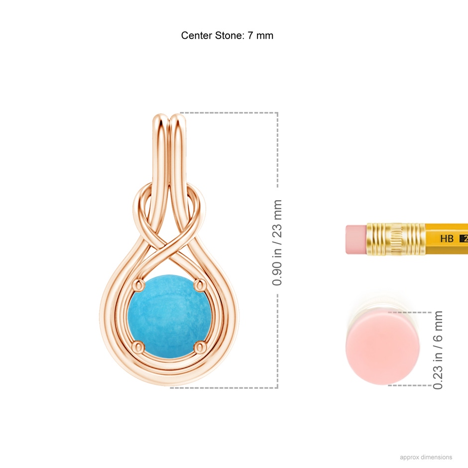 7mm A Round Turquoise Solitaire Infinity Knot Pendant in Rose Gold ruler