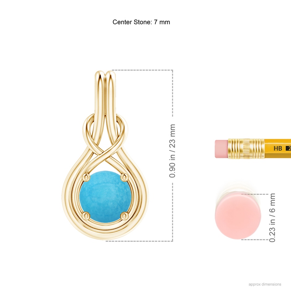 7mm A Round Turquoise Solitaire Infinity Knot Pendant in Yellow Gold ruler